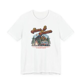 Stone & Stream Camping T-Shirt — Vintage Camper, Campfire & Forest Graphic